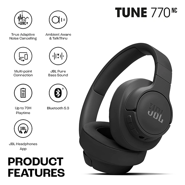 JBL Tune 770NC Wireless Over Ear ANC Headphones with Mic - Black - Black