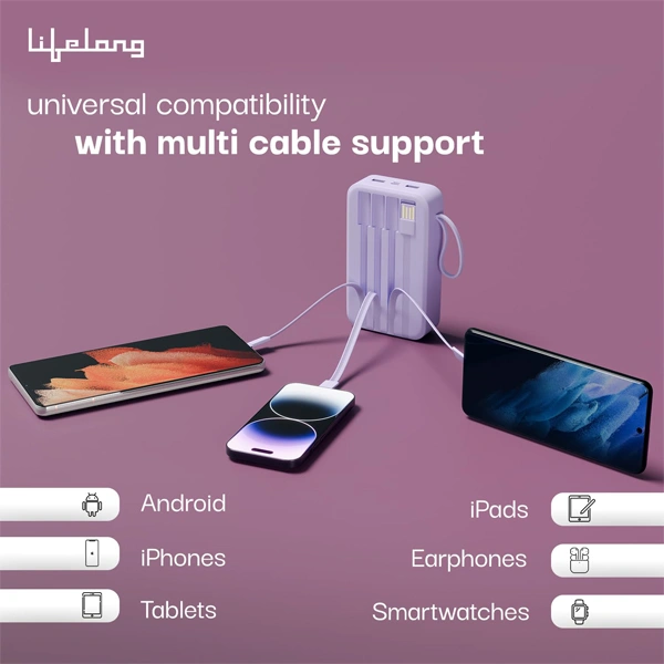 Lifelong ZenCharge 10000 mAh 22.5 W Compact Pocket Size Power Bank - Purple - Purple