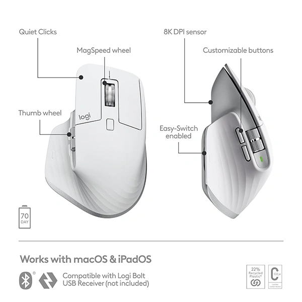 Logitech MX Master 3S for Mac Wireless Bluetooth Mouse with Ultra-Fast Scrolling - Black, Blue