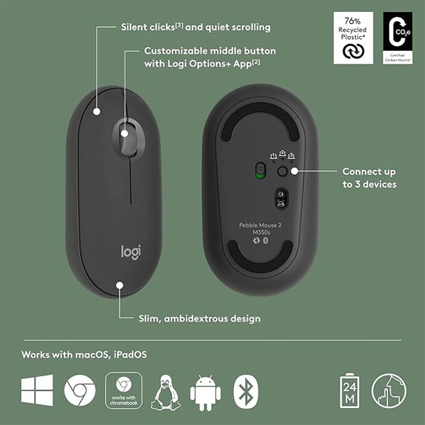 Logitech Pebble Mouse 2 M350s Slim Bluetooth Wireless Mouse - Black - Black