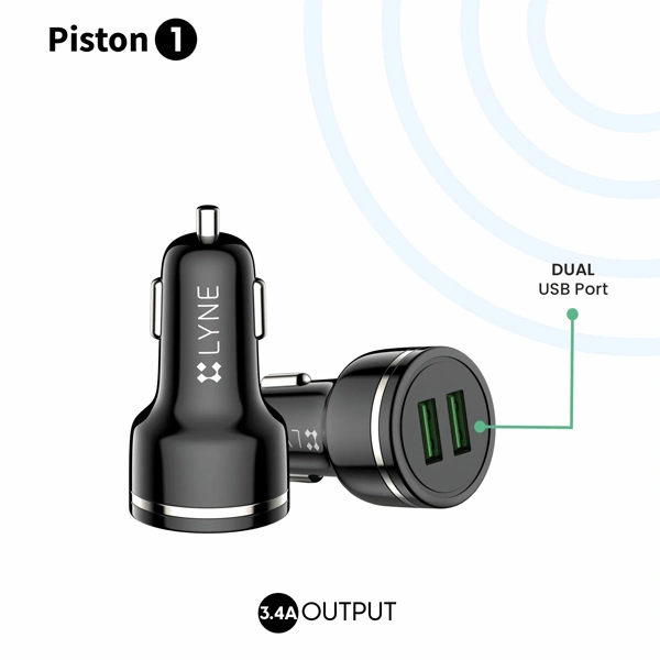 Lyne LYNE Piston 1 Dual USB Port, 3.4 Amp Output Car Charger with Micro USB Cable - Black - Black