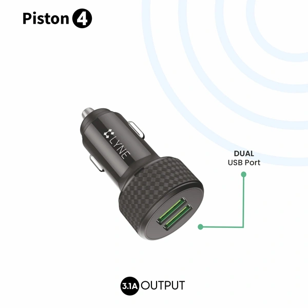 Lyne LYNE Piston 4 Dual USB Port, 3.1 Amp Output Car Charger with Micro USB Cable - Black - Black