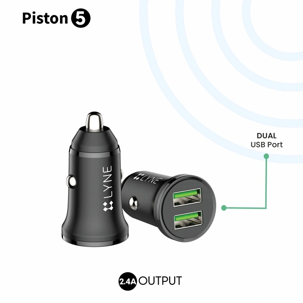 Lyne LYNE Piston 5 Dual USB Port, 2.4 Amp Output Car Charger with Micro USB Cable - Black - Black