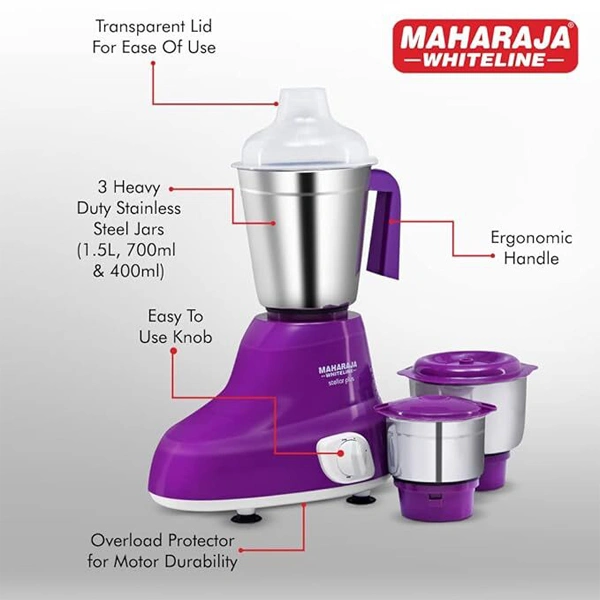 Maharaja Whiteline Stellar Plus 500 Watt Mixer Grinder with 3 Stainless Steel Jars