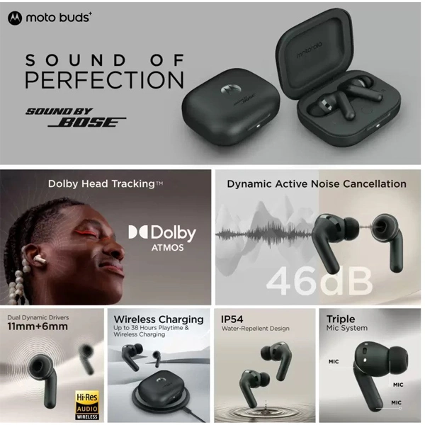Motorola Moto Buds+ Sound by Bose, Dual Dynamic Drivers, 48dB ANC, Dolby Head Tracking Wireless Earbuds - Beach Sand - Beach Sand
