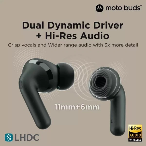 Motorola Moto Buds+ Sound by Bose, Dual Dynamic Drivers, 48dB ANC, Dolby Head Tracking Wireless Earbuds - Beach Sand - Beach Sand