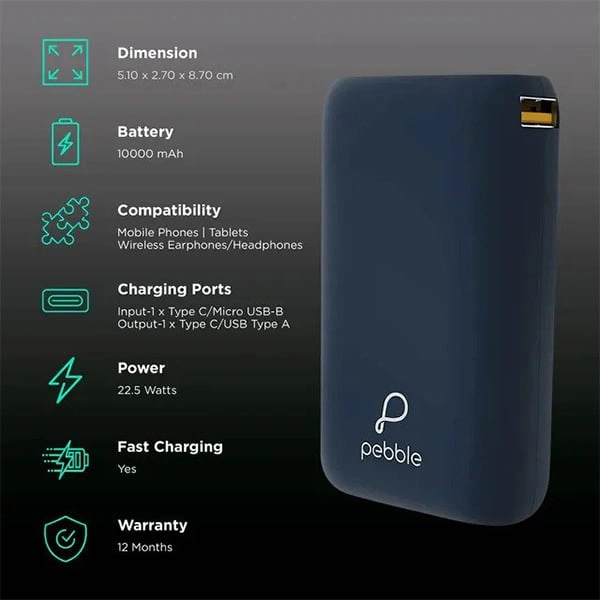 Pebble Rapid 10000 mAh 22.5W Fast Charging Power Bank - Jet Black, Whisky Brown
