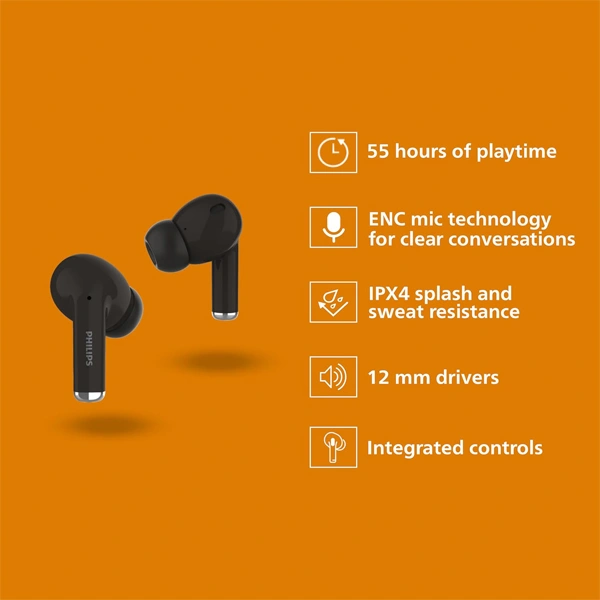 Philips Audio TAT1169BK/94 True Wireless Earbuds - Black - Black