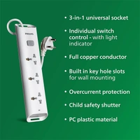 Philips CHP2432W Power Strips with 3 Universal Socket - 1.4M