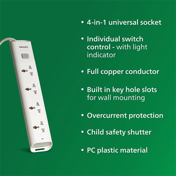 Philips CHP2442W Power Strips with 4 Universal Socket - 1.4M