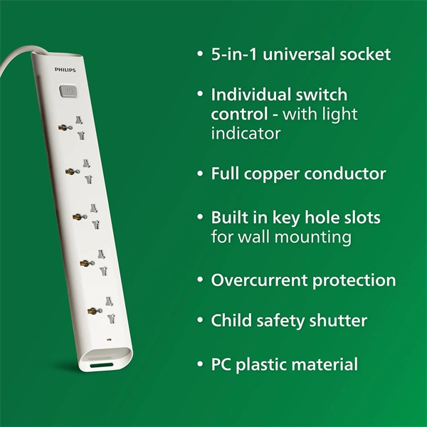 Philips CHP2452W Power Strips 5 Universal Socket Single Switch - 1.4M