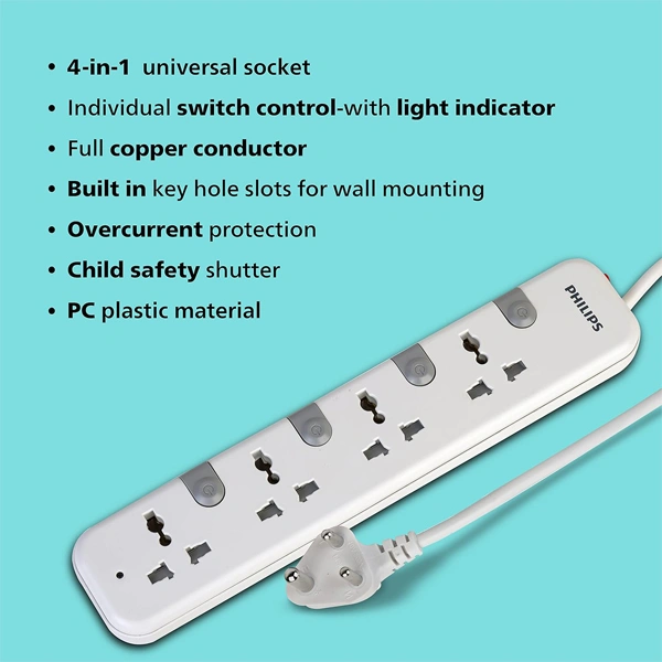 Philips CHP3441W Power Strips with 4 Universal Socket - 1.4M