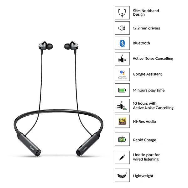 Philips TAPN505 Neckband Earphones with Active Noise Cancellation - Black, White