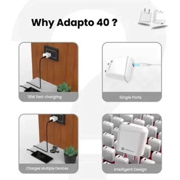 Portronics Adapto 40 18W 3 A Quick Mobile Charger with Detachable Cable