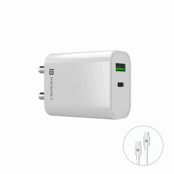 Portronics Adapto 44 Fast Charging 20W Mobile Charger with Dual Output (USB + PD) - Black, Silver
