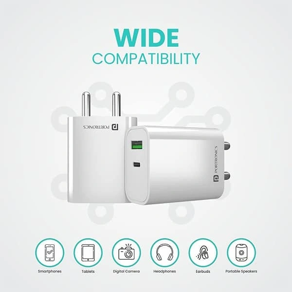 Portronics Adapto 44 Fast Charging 20W Mobile Charger with Dual Output (USB + PD) - Black, Silver