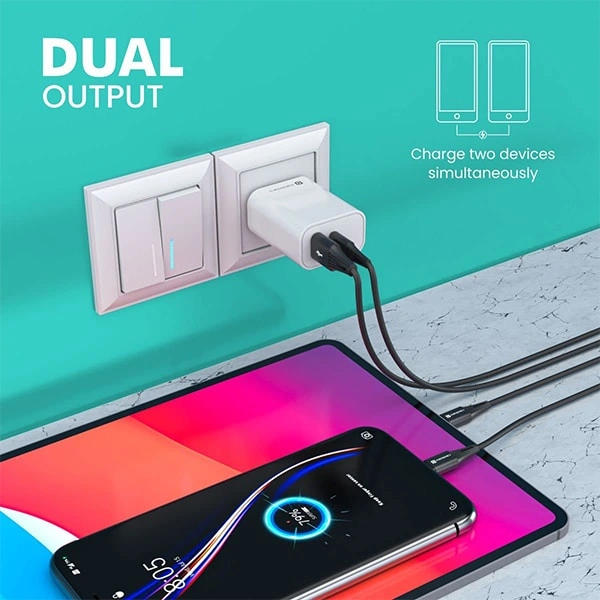 Portronics Adapto 44 Fast Charging 20W Mobile Charger with Dual Output (USB + PD) - Black, Silver