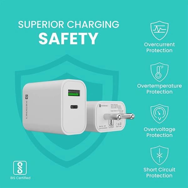 Portronics Adapto 44 Fast Charging 20W Mobile Charger with Dual Output (USB + PD) - Black, Silver