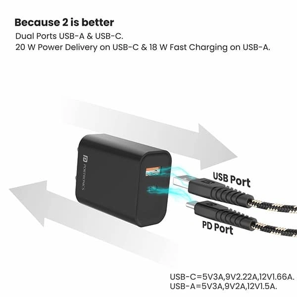 Portronics Adapto 45 20W Mobile Charger Adapter with Dual Port - White - White