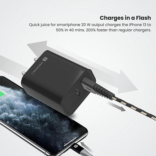 Portronics Adapto 45 20W Mobile Charger Adapter with Dual Port - White - White