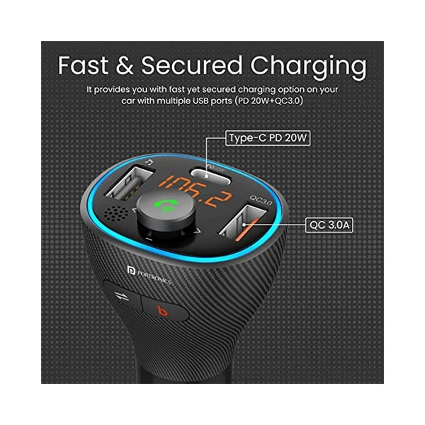 Portronics Auto 15 Bluetooth FM Transmitter in-Car Radio Adapter (PD 20W+QC3.0) Fast Charger