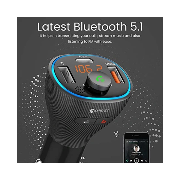 Portronics Auto 15 Bluetooth FM Transmitter in-Car Radio Adapter (PD 20W+QC3.0) Fast Charger