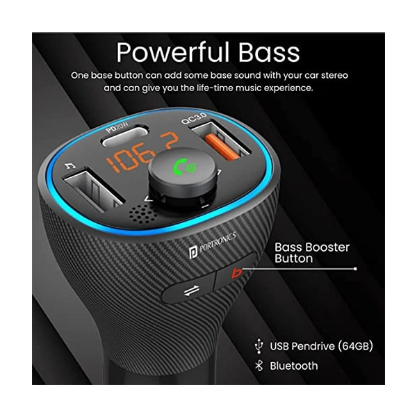 Portronics Auto 15 Bluetooth FM Transmitter in-Car Radio Adapter (PD 20W+QC3.0) Fast Charger