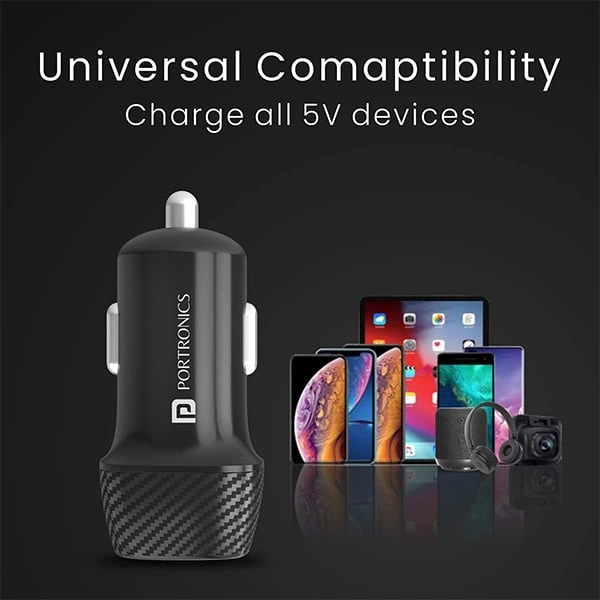 Portronics Car Power 5 Car Charger with Dual USB Port 12W Total Output Type C Cable Included