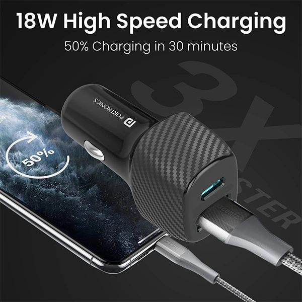 Portronics Car Power 6 Car Charger with Dual USB Port (PD+QC) 36 Watt (Black)