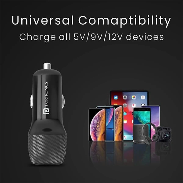 Portronics Car Power 6 Car Charger with Dual USB Port (PD+QC) 36 Watt (Black)