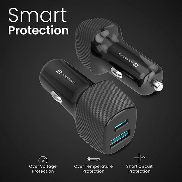 Portronics Car Power 6 Car Charger with Dual USB Port (PD+QC) 36 Watt (Black)
