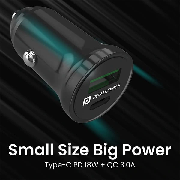 Portronics CarPower Mini Car Charger with Dual Output, Fast Charging (Type C PD 18W + QC 3.0A) Compatible with All Smartphones