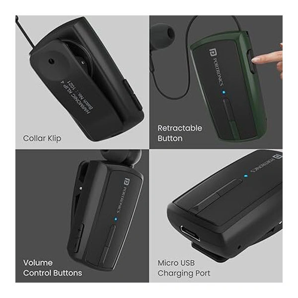 Portronics Harmonics Klip 4 Retractable Bluetooth Music & Calling Earphone - Black - Black