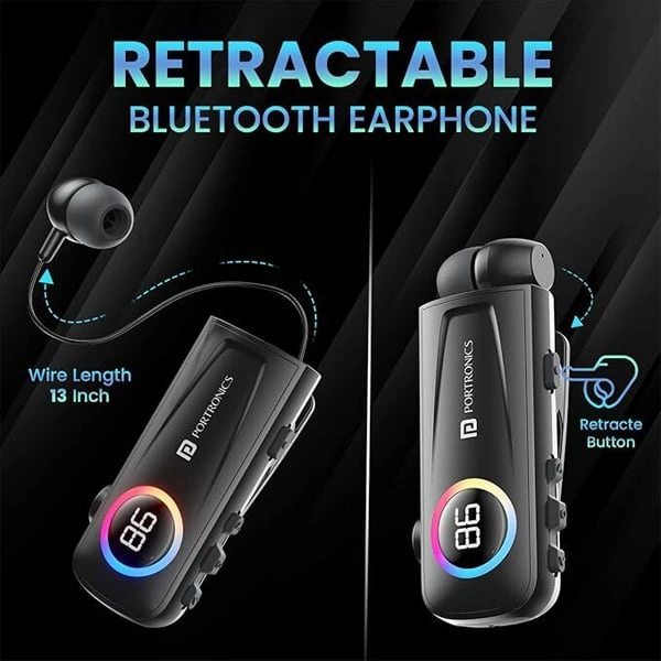 Portronics Harmonics Klip 5 Retractable Bluetooth Calling Earphone - Black - Black