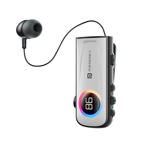Portronics Harmonics Klip 5 Retractable Bluetooth Calling Earphone - Grey - Grey