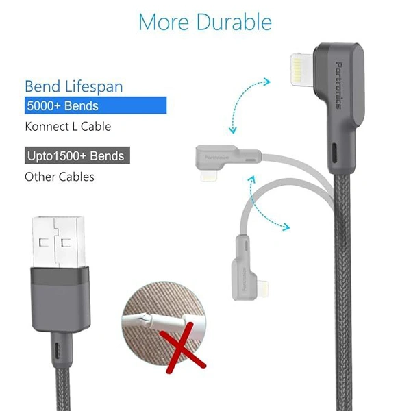 Portronics Konnect L 1.2M 3A 8 Pin USB Cable - White - White