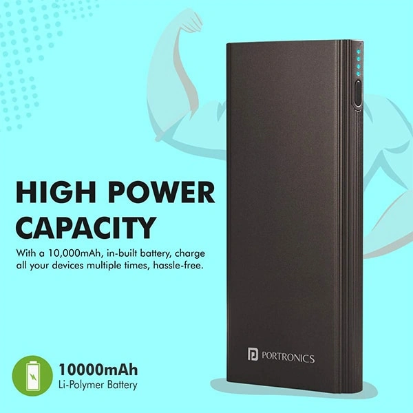 Portronics Power M 10K 10000 mAh Metal Housing Power Bank with Dual Input (Type C + Micro USB) & Triple Output (Fast Charging, 18 W with QC 3.0 & Type-C PD) Type C Cable Included