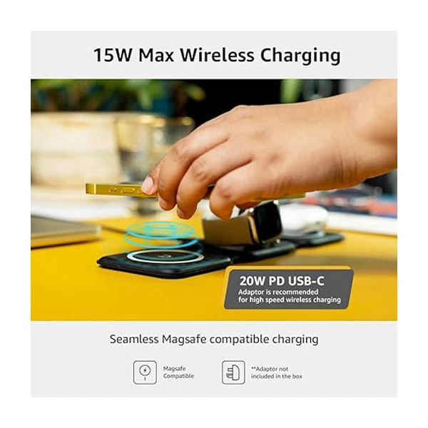 Qubo MagZap Z3 3-in-1 Magnetic Magsafe Portable Travel Wireless Charger - Black