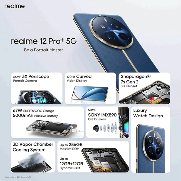 Realme 12 Pro+ 5G Mobile Phone - Submarine Blue, 8GB RAM + 128GB Storage - Submarine Blue