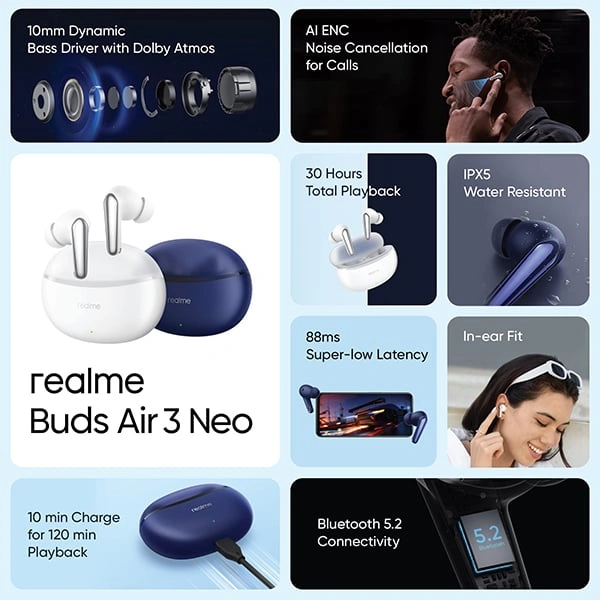 Realme Buds Air 3 Neo True Wireless in-Ear Earbuds with Mic - Galaxy White - Galaxy White