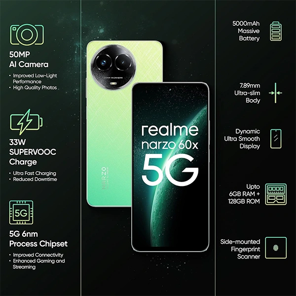 Realme Narzo 60X 5G  Mobile Phone - Stellar Green, 6GB RAM + 128GB Storage - Stellar Green