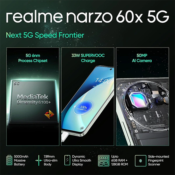 Realme Narzo 60X 5G  Mobile Phone - Stellar Green, 6GB RAM + 128GB Storage - Stellar Green