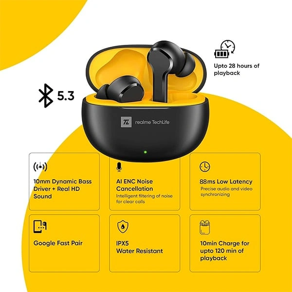 Realme Techlife Buds T100 True Wireless Earbuds - White - White