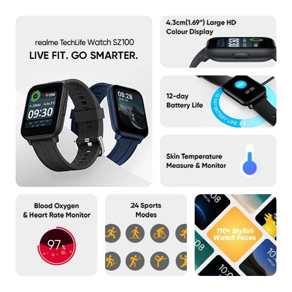 Realme TechLife Watch SZ100 1.69'' HD Display Smartwatch - Blue - Blue