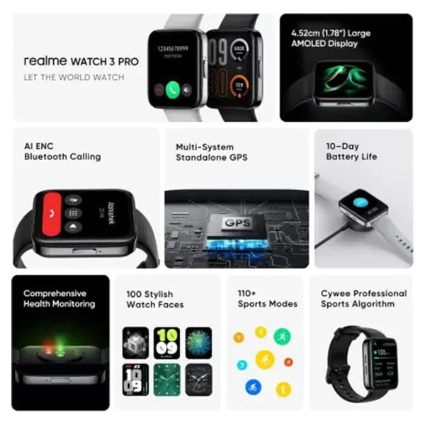 Realme Watch 3 Pro 1.78 AMOLED with BT Calling & GPS Smartwatch - Grey - Grey