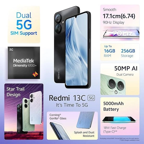 Redmi 13C 5G Mobile Phone - Startrail Silver, 4GB RAM + 128GB Storage - Startrail Silver