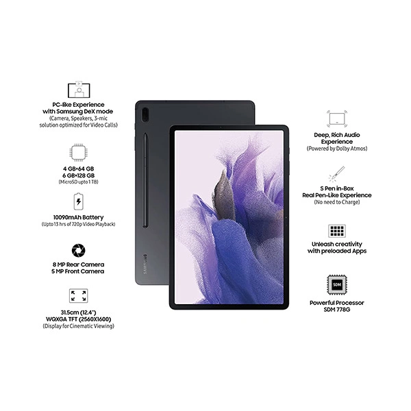Samsung Galaxy Tab S7 FE 12.4 Inch LCD Display with Qualcomm SDM 750G Processor - Black, White