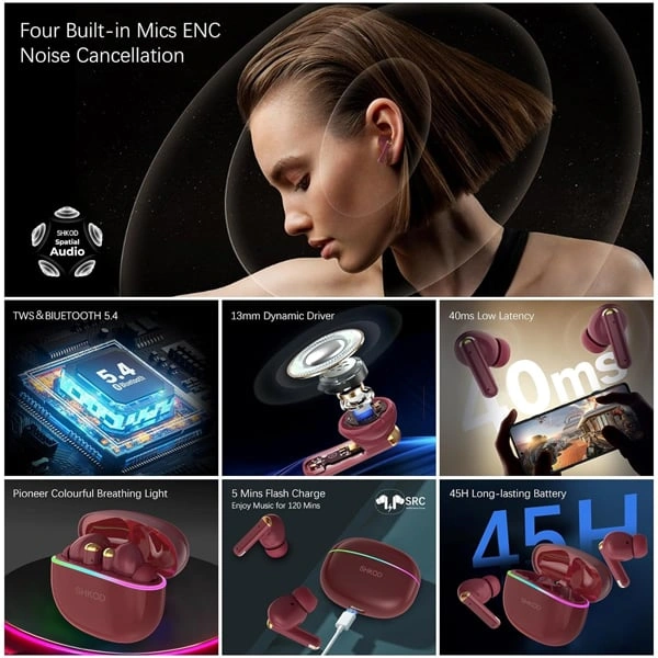 SHKOD AirLits5 Pro True Wireless Earbuds - Wine Red - Wine Red