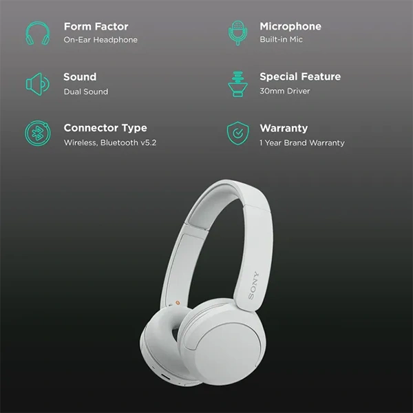 Sony WH-CH520 Wireless On-Ear Bluetooth Headphones with Mic - White - White