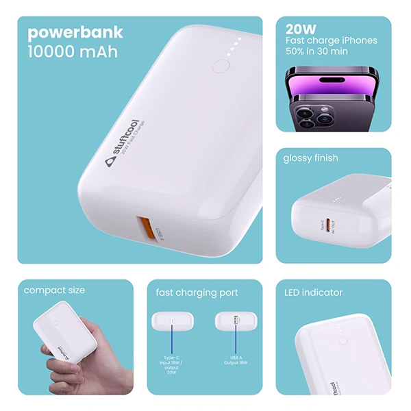 Stuffcool 10000mAh Palm Smallest QC PD 20W Type C Super Premium Mini Powerbank - White - White